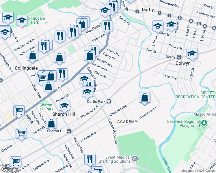 map of restaurants, bars, coffee shops, grocery stores, and more near 704 Poplar Street in Sharon Hill