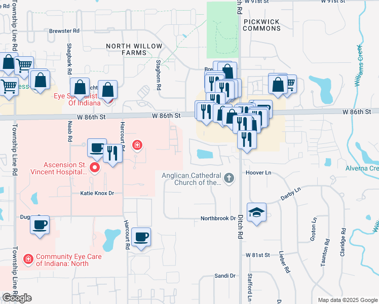 map of restaurants, bars, coffee shops, grocery stores, and more near Devonshire Court in Indianapolis
