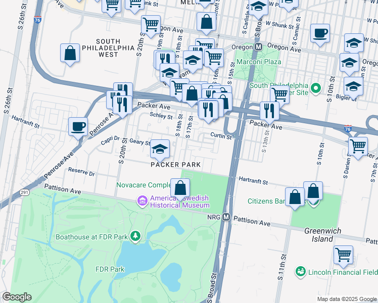 map of restaurants, bars, coffee shops, grocery stores, and more near 3203 South 17th Street in Philadelphia
