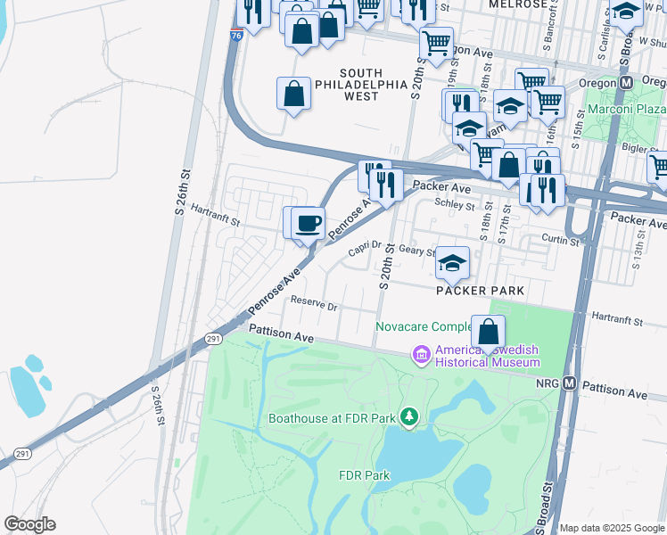map of restaurants, bars, coffee shops, grocery stores, and more near 3412 Capri Court in Philadelphia