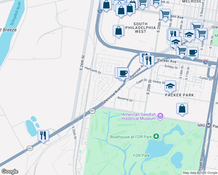 map of restaurants, bars, coffee shops, grocery stores, and more near 3403 Pietro Way in Philadelphia