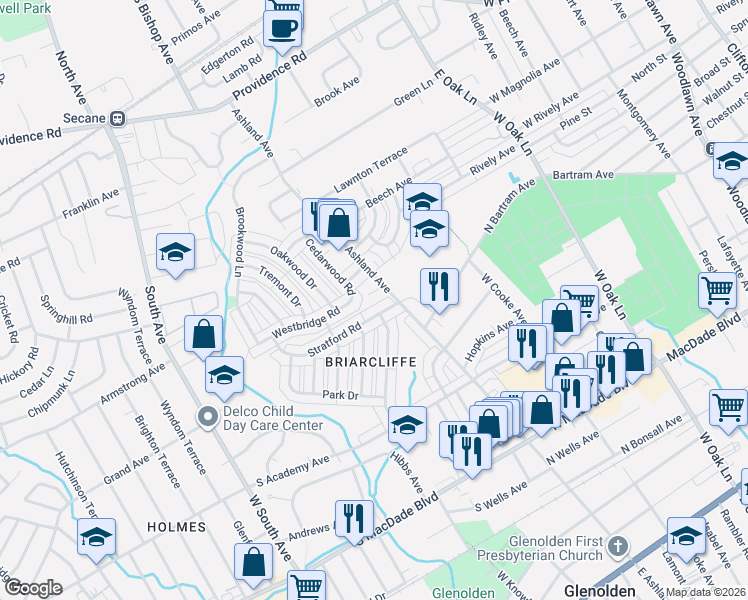 map of restaurants, bars, coffee shops, grocery stores, and more near 21 Alicia Court in Glenolden