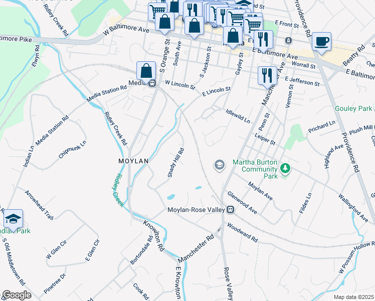 map of restaurants, bars, coffee shops, grocery stores, and more near 45 Shady Hill Road in Media