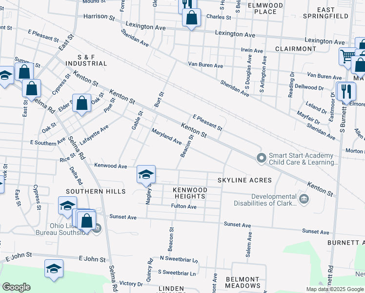 map of restaurants, bars, coffee shops, grocery stores, and more near 1099 Beacon Street in Springfield
