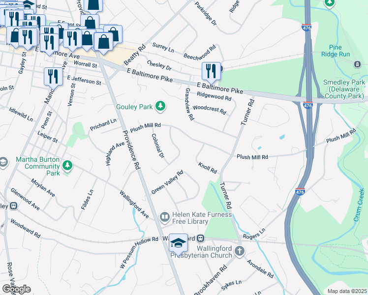 map of restaurants, bars, coffee shops, grocery stores, and more near 300 Dogwood Lane in Nether Providence Township