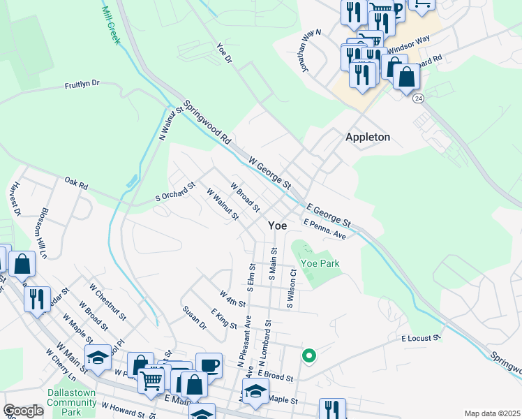 map of restaurants, bars, coffee shops, grocery stores, and more near 71 West Broad Street in Yoe