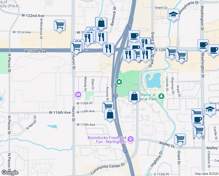 map of restaurants, bars, coffee shops, grocery stores, and more near 11780 Acoma Street in Northglenn