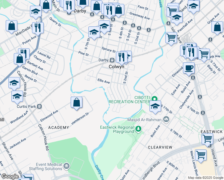 map of restaurants, bars, coffee shops, grocery stores, and more near 521 South 4th Street in Darby