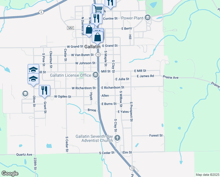 map of restaurants, bars, coffee shops, grocery stores, and more near 201 East Richardson Street in Gallatin