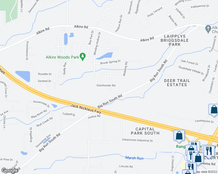 map of restaurants, bars, coffee shops, grocery stores, and more near 3569 Quickwater Road in Grove City