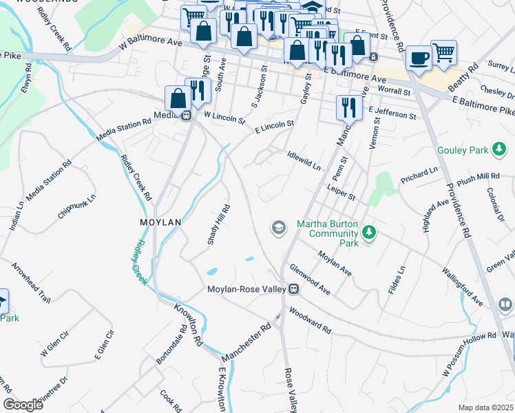 map of restaurants, bars, coffee shops, grocery stores, and more near 43 Letitia Lane in Media