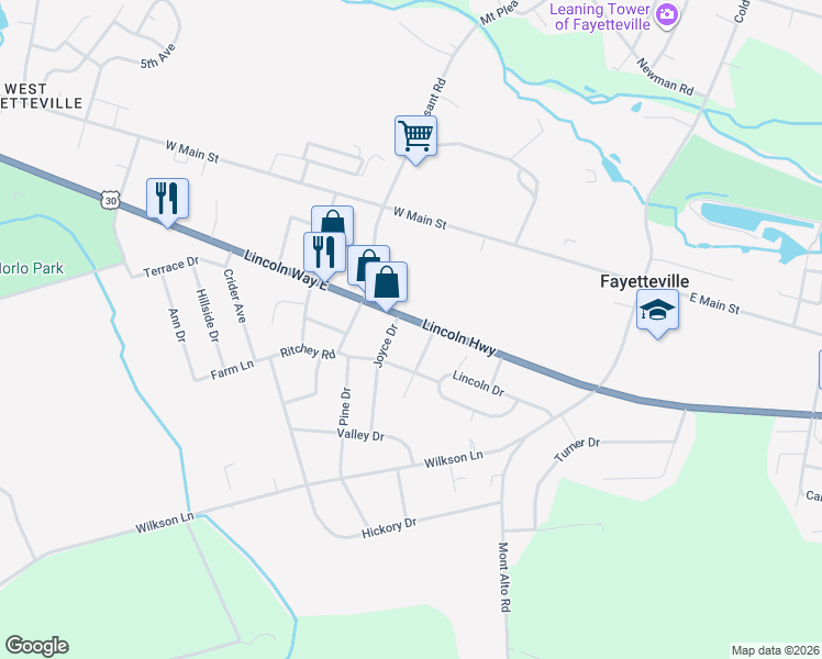 map of restaurants, bars, coffee shops, grocery stores, and more near 4225 Lincoln Way East in Fayetteville