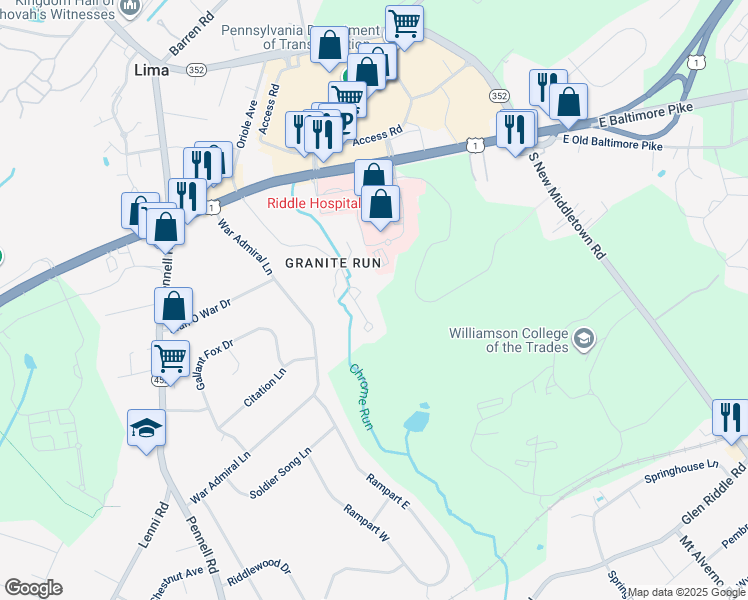 map of restaurants, bars, coffee shops, grocery stores, and more near 415 Heatherwood Drive in Media