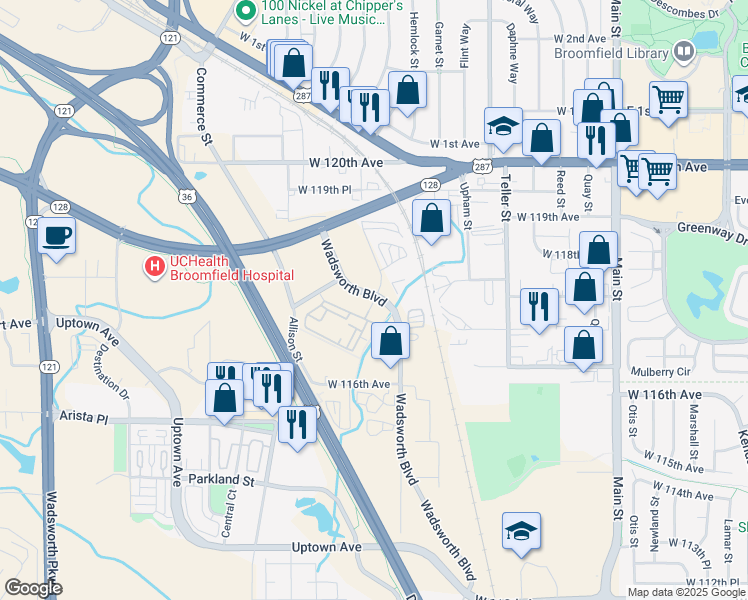 map of restaurants, bars, coffee shops, grocery stores, and more near 11775 Wadsworth Boulevard in Broomfield
