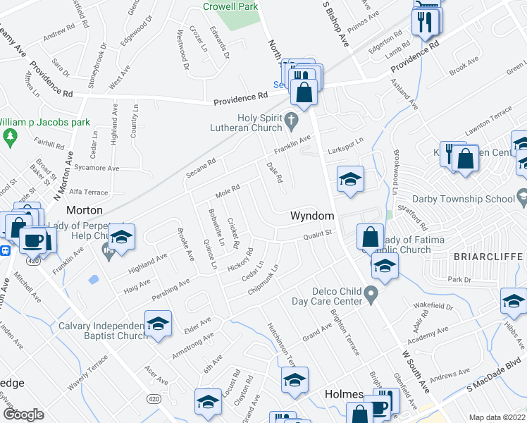 map of restaurants, bars, coffee shops, grocery stores, and more near 864 Wyndom Terrace in Delaware County