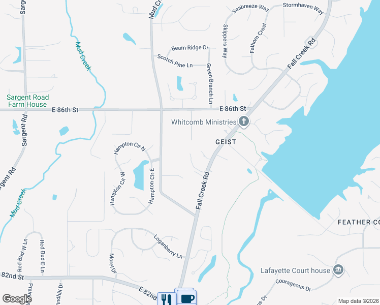 map of restaurants, bars, coffee shops, grocery stores, and more near 10036 Fall Creek Road in Indianapolis