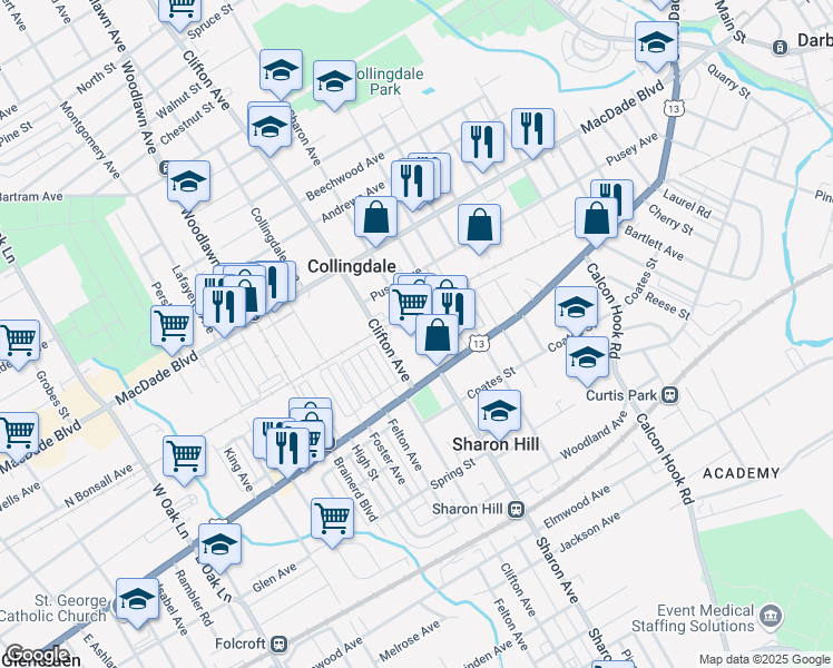 map of restaurants, bars, coffee shops, grocery stores, and more near 99 Sharon Avenue in Collingdale