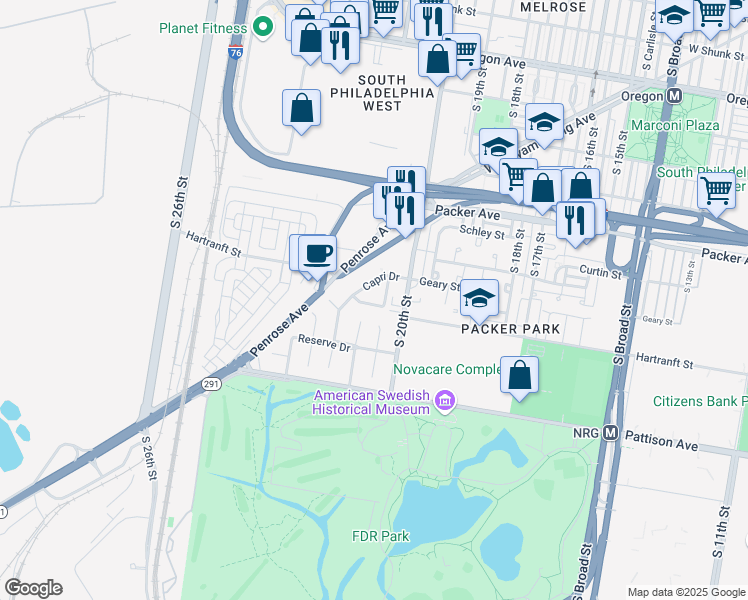 map of restaurants, bars, coffee shops, grocery stores, and more near 2115 Verona Drive in Philadelphia