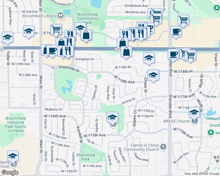 map of restaurants, bars, coffee shops, grocery stores, and more near 11781 Gray Street in Broomfield