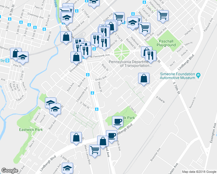 map of restaurants, bars, coffee shops, grocery stores, and more near 7404 South Medrick Place in Philadelphia