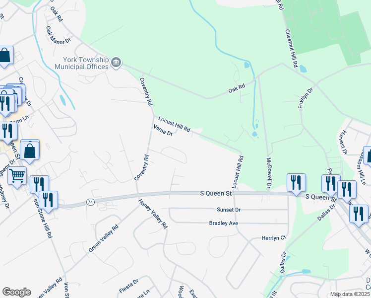 map of restaurants, bars, coffee shops, grocery stores, and more near 47 Belmar Drive in Dallastown