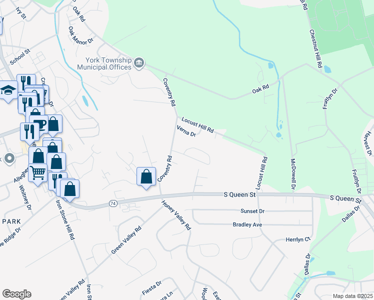 map of restaurants, bars, coffee shops, grocery stores, and more near 67 Belmar Drive in Dallastown