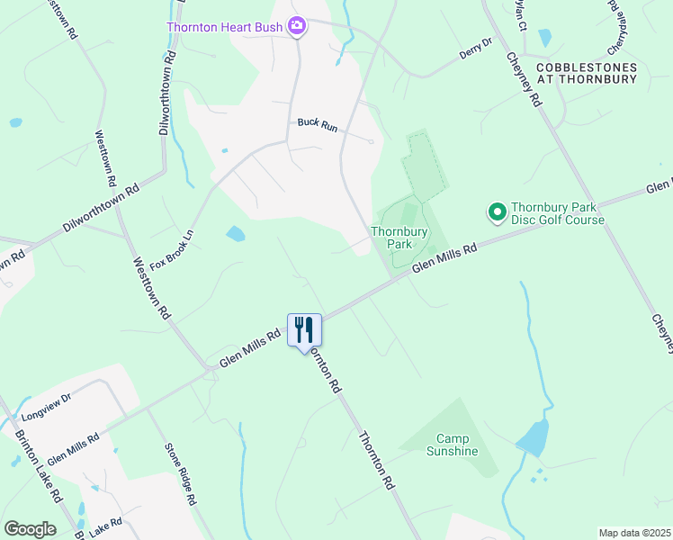 map of restaurants, bars, coffee shops, grocery stores, and more near 361 Glen Mills Road in Thornton