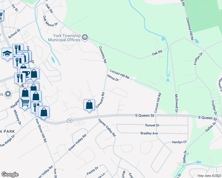map of restaurants, bars, coffee shops, grocery stores, and more near 67 Belmar Drive in Dallastown