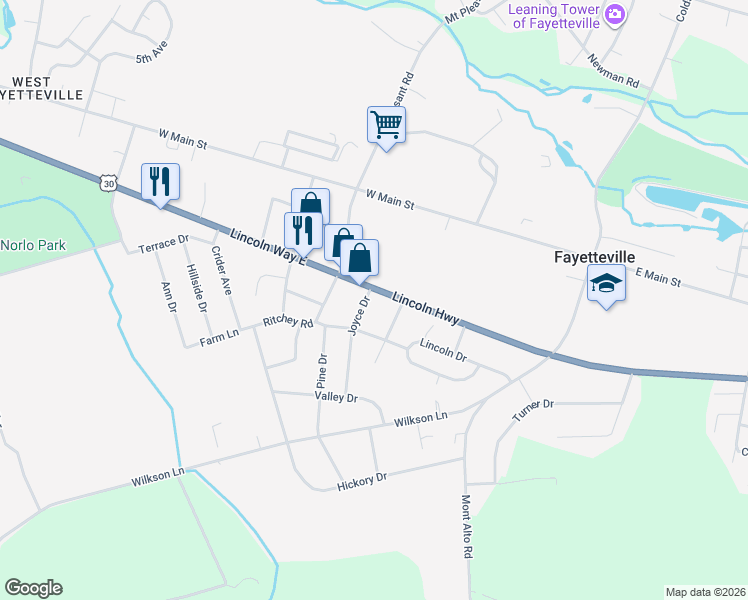 map of restaurants, bars, coffee shops, grocery stores, and more near 4225 Lincoln Way East in Fayetteville