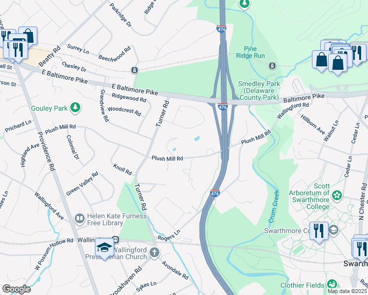 map of restaurants, bars, coffee shops, grocery stores, and more near 335 Plush Mill Road in Nether Providence Township