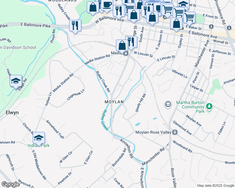 map of restaurants, bars, coffee shops, grocery stores, and more near 626 South Avenue in Media
