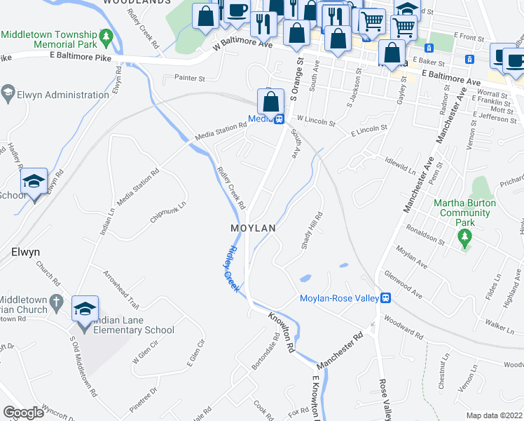 map of restaurants, bars, coffee shops, grocery stores, and more near 626 South Avenue in Media