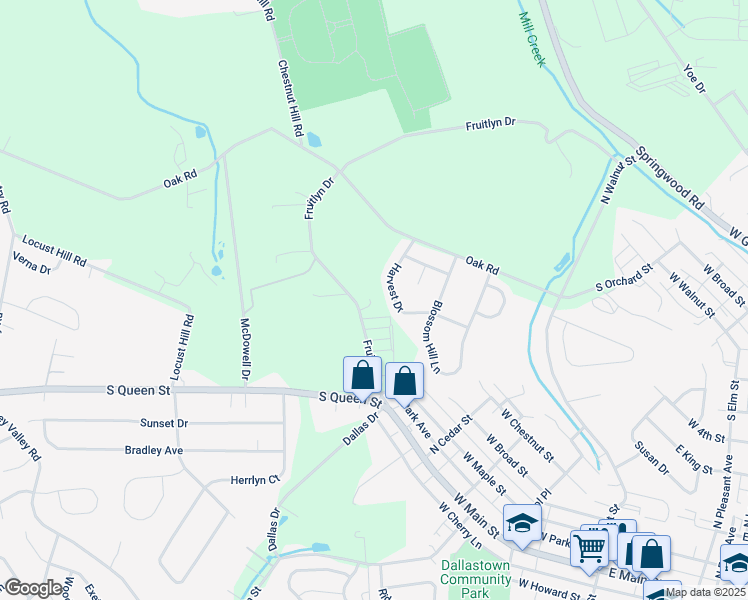 map of restaurants, bars, coffee shops, grocery stores, and more near 114 Fruitlyn Drive in Dallastown