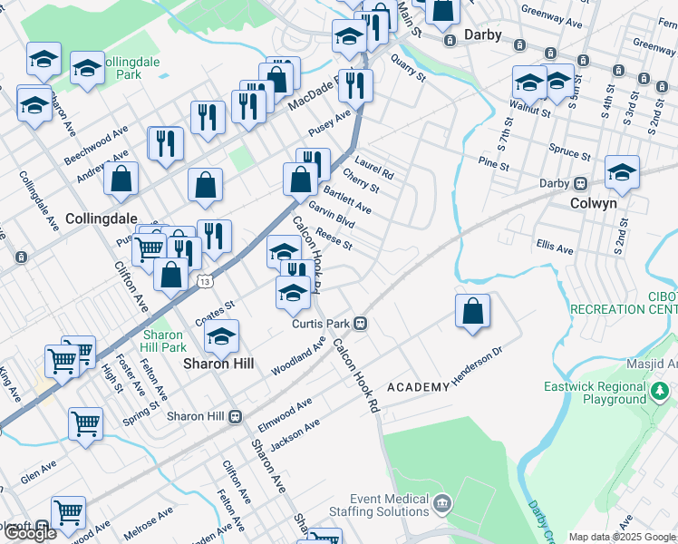 map of restaurants, bars, coffee shops, grocery stores, and more near 733 Eggleston Circle in Sharon Hill