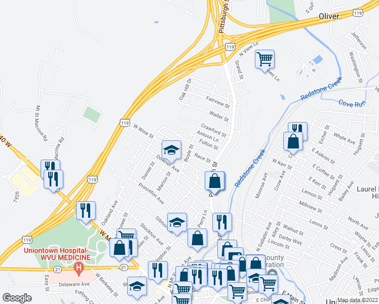 map of restaurants, bars, coffee shops, grocery stores, and more near 66 Race Street in Uniontown
