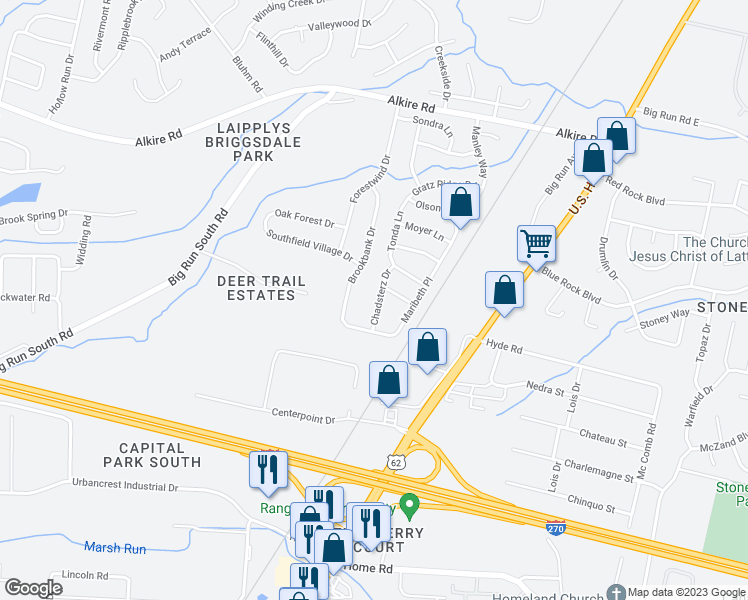 map of restaurants, bars, coffee shops, grocery stores, and more near 2251 Chadsterz Drive in Grove City