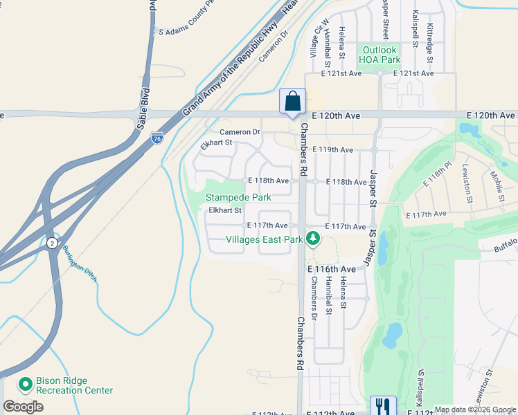map of restaurants, bars, coffee shops, grocery stores, and more near 11733 Fraser Street in Commerce City