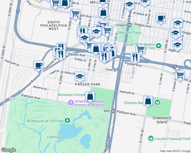 map of restaurants, bars, coffee shops, grocery stores, and more near 3189 South 17th Street in Philadelphia