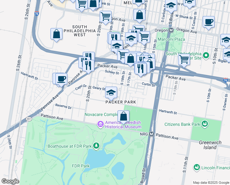 map of restaurants, bars, coffee shops, grocery stores, and more near 3205 Denfield Place in Philadelphia