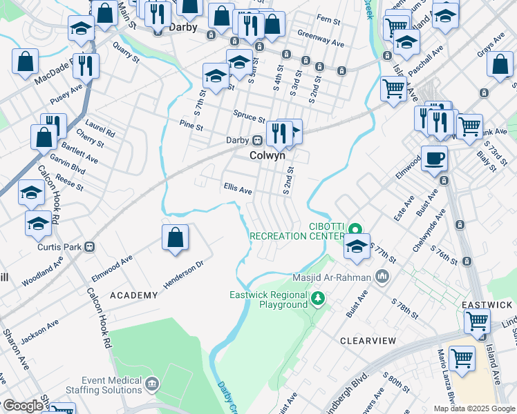 map of restaurants, bars, coffee shops, grocery stores, and more near 521 South 4th Street in Darby