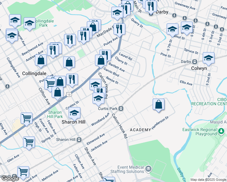 map of restaurants, bars, coffee shops, grocery stores, and more near 733 Eggleston Circle in Sharon Hill