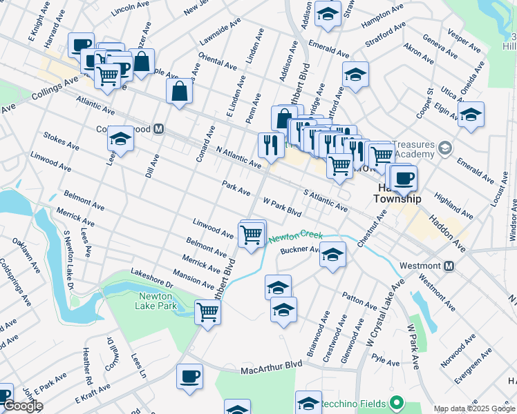 map of restaurants, bars, coffee shops, grocery stores, and more near 206 West Cuthbert Boulevard in Haddon Township