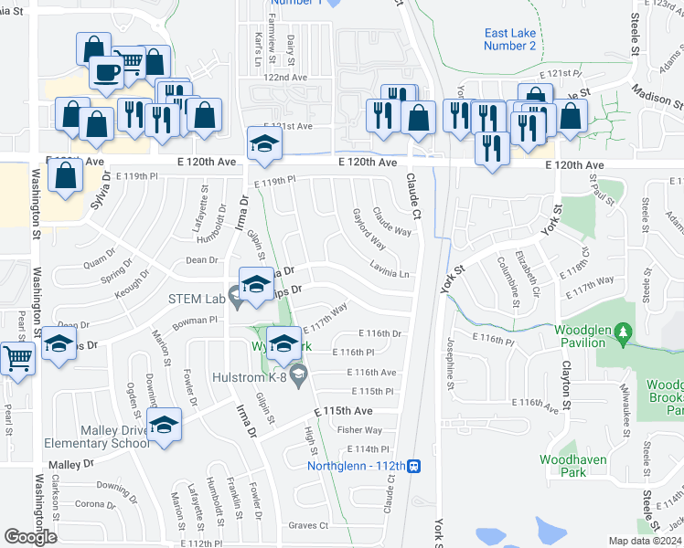 map of restaurants, bars, coffee shops, grocery stores, and more near 2022 Truda Drive in Northglenn