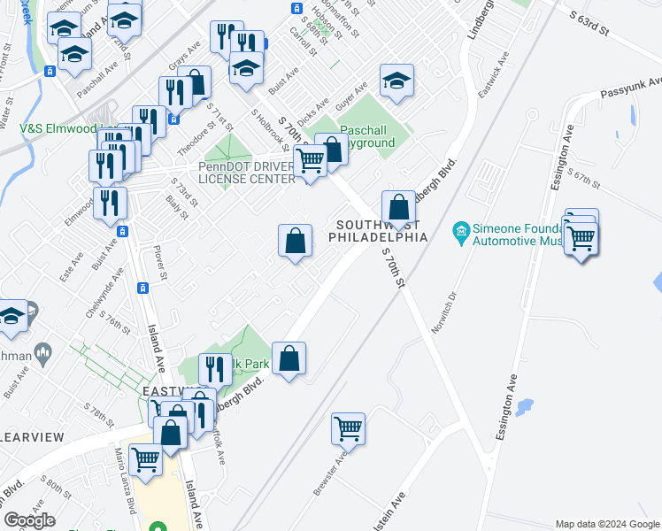 map of restaurants, bars, coffee shops, grocery stores, and more near 7117 Lindbergh Boulevard in Philadelphia