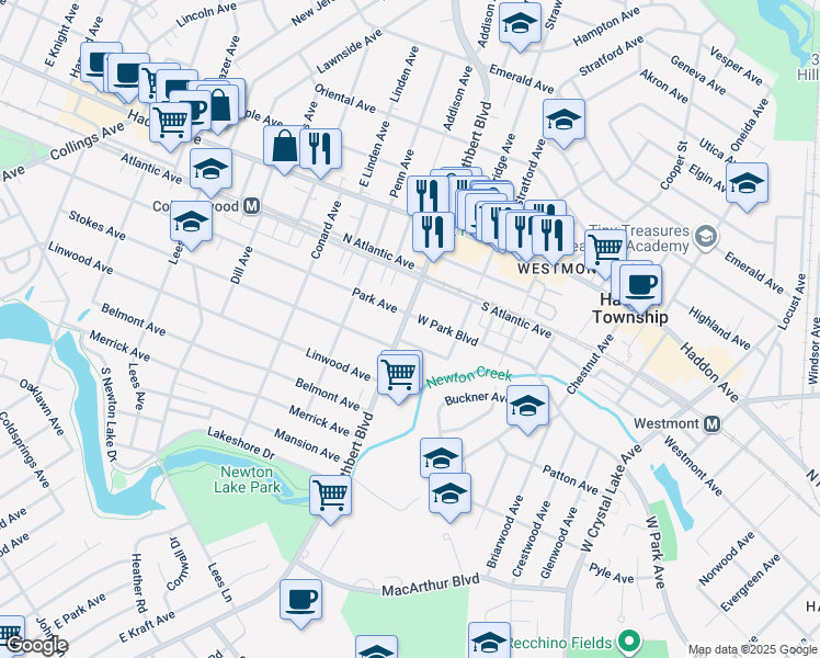 map of restaurants, bars, coffee shops, grocery stores, and more near 206 West Cuthbert Boulevard in Haddon Township