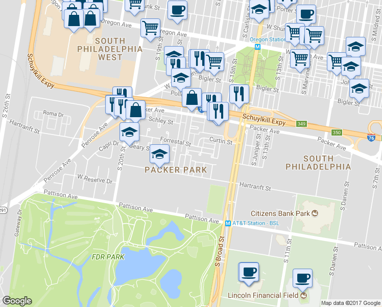 map of restaurants, bars, coffee shops, grocery stores, and more near 3189 South 17th Street in Philadelphia