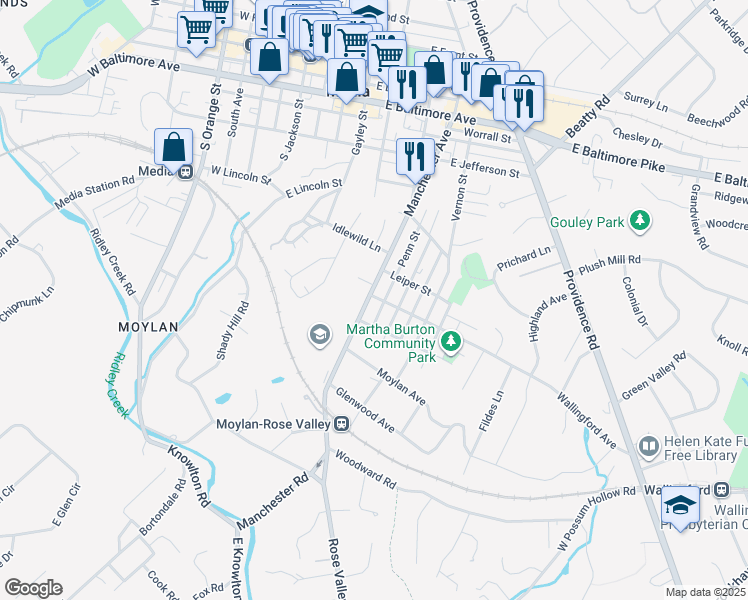 map of restaurants, bars, coffee shops, grocery stores, and more near 102 Garfield Road in Media