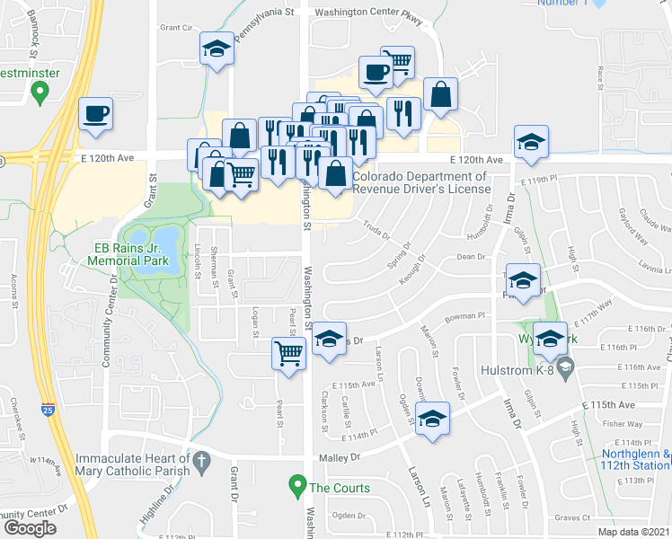 map of restaurants, bars, coffee shops, grocery stores, and more near 11812 McCrumb Drive in Northglenn