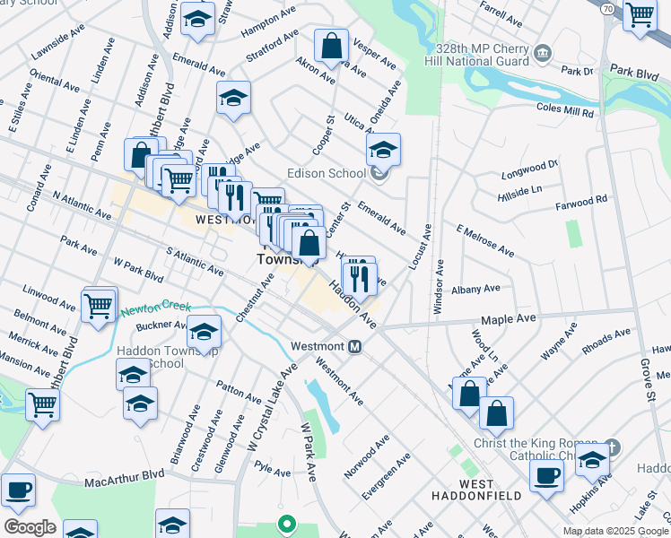 map of restaurants, bars, coffee shops, grocery stores, and more near 10 Center Street in Haddon Township
