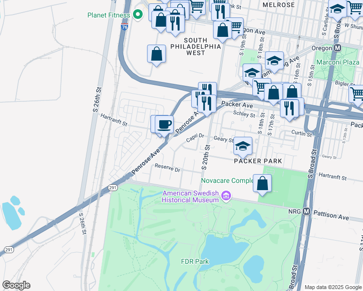map of restaurants, bars, coffee shops, grocery stores, and more near 3215 Capri Drive in Philadelphia